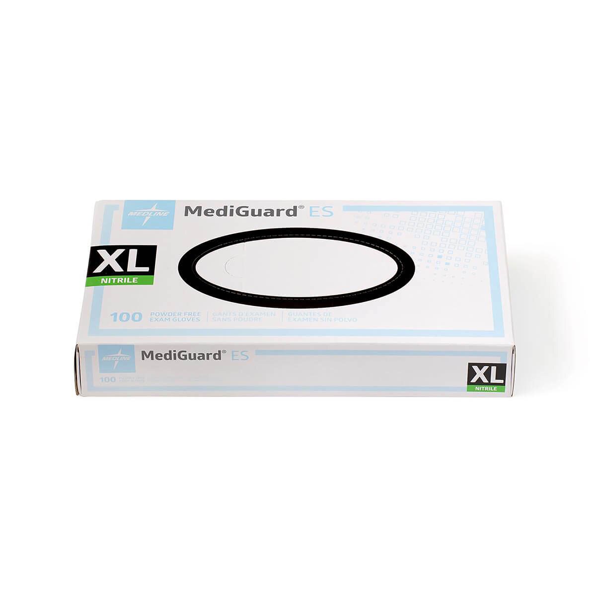 Front and top view of Medline MediGuard ES nitrile exam gloves, extra-large box